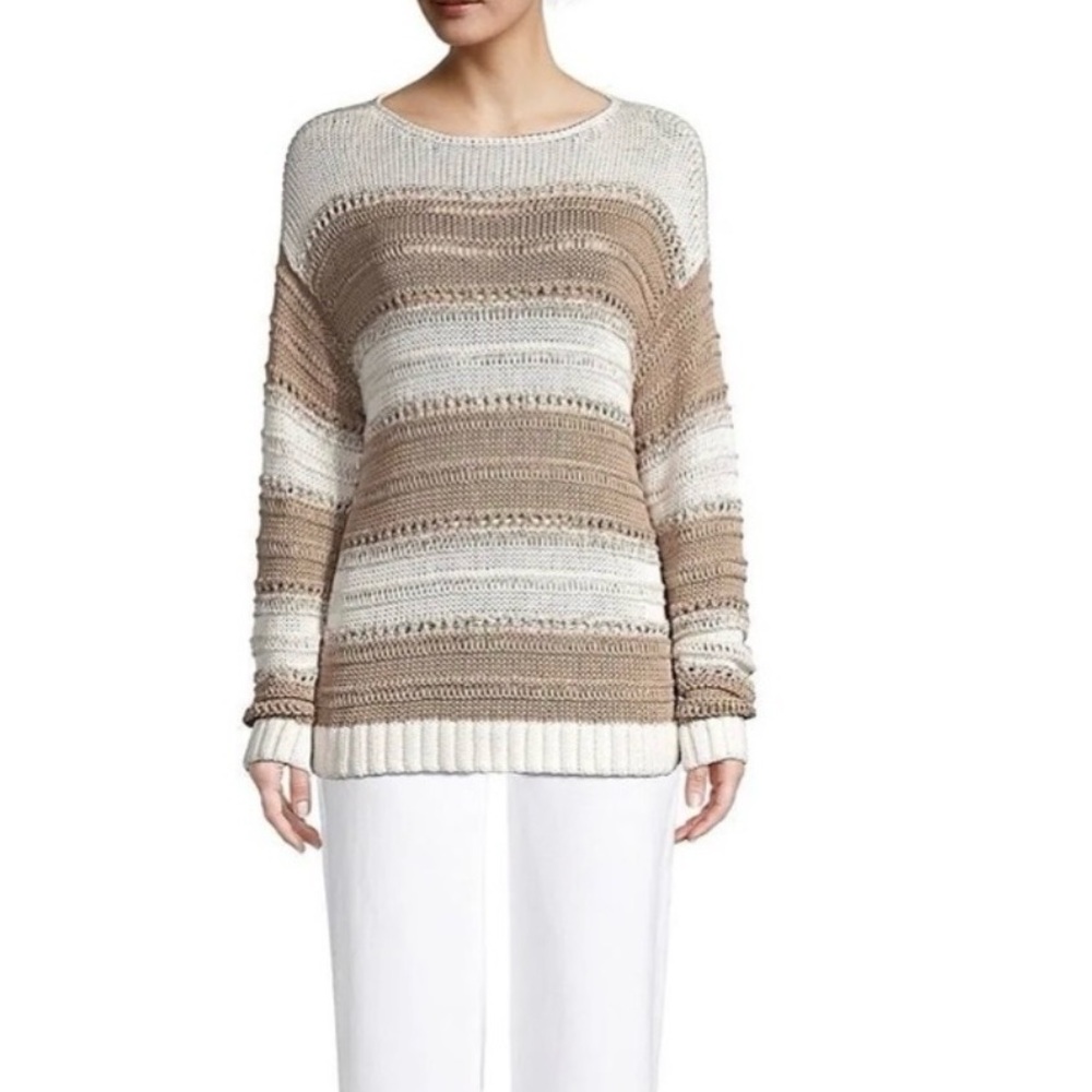 Lafayette 148 New York Beige and White Striped Sweater